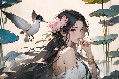 13015-2568063129-masterpiece,(masterpiece, top quality, best quality),1girl, long hair, bird, flower, black hair, lotus, solo, hair ornament, dre.png